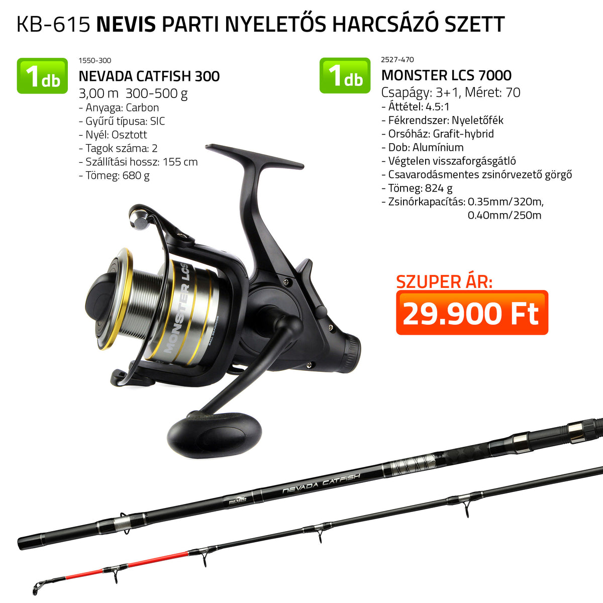 Nevis Parti nyeletős harcsázó szett 1550-300+ 2527-470