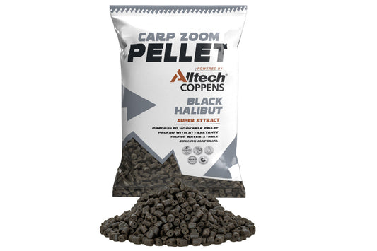 Black Halibut pellet zsák és kiszórt fekete halibut pellet